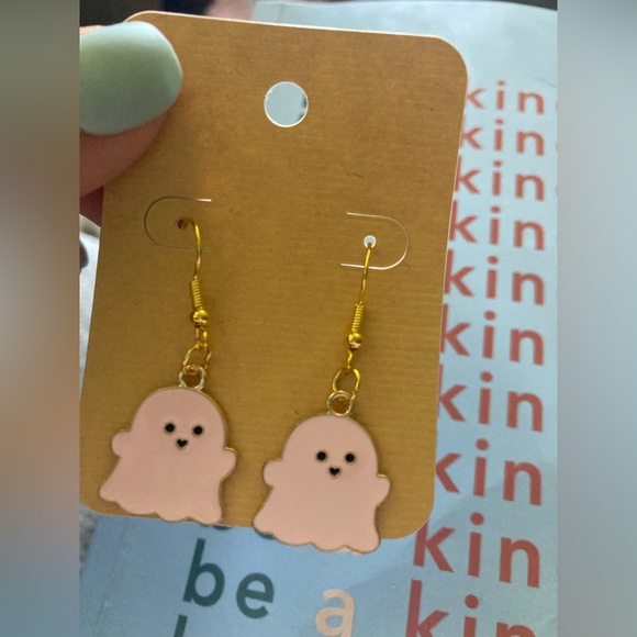 new dangle Pink enamel and gold ghost earrings - Picture 5 of 5